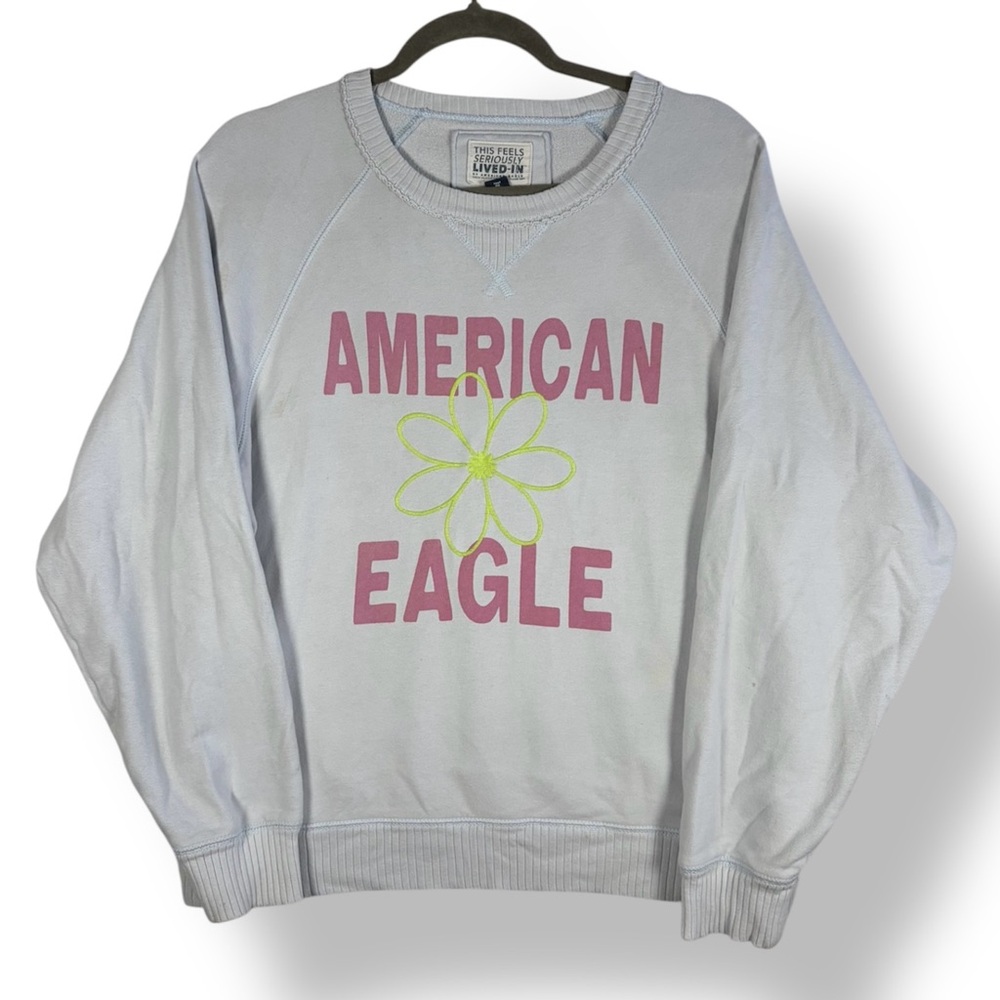 AMERICAN EAGLE 90’s y2k Neon Daisy Graphic Spell Out Logo Lived In Sweatshirt M - Picture 2 of 9